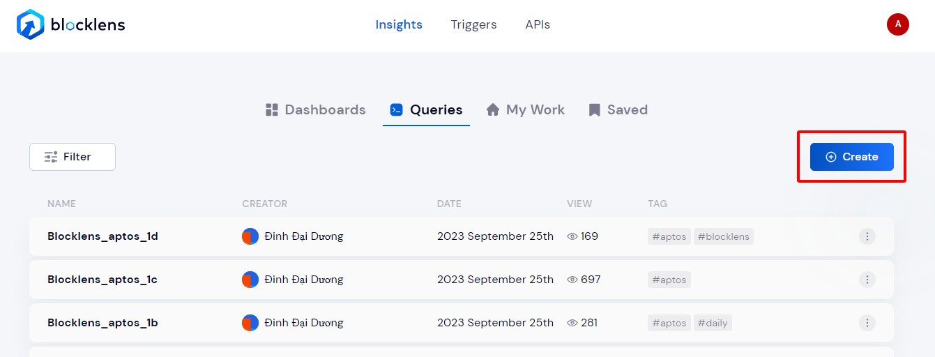 Log in to Blocklens and locate the "Create" button